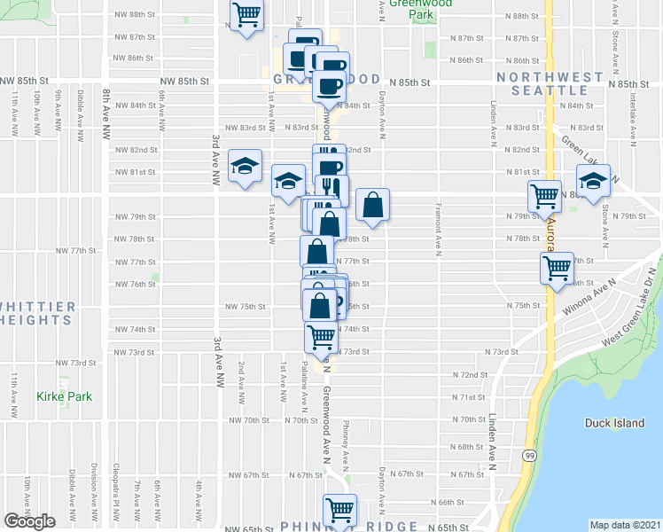 map of restaurants, bars, coffee shops, grocery stores, and more near 7706 Greenwood Avenue North in Seattle