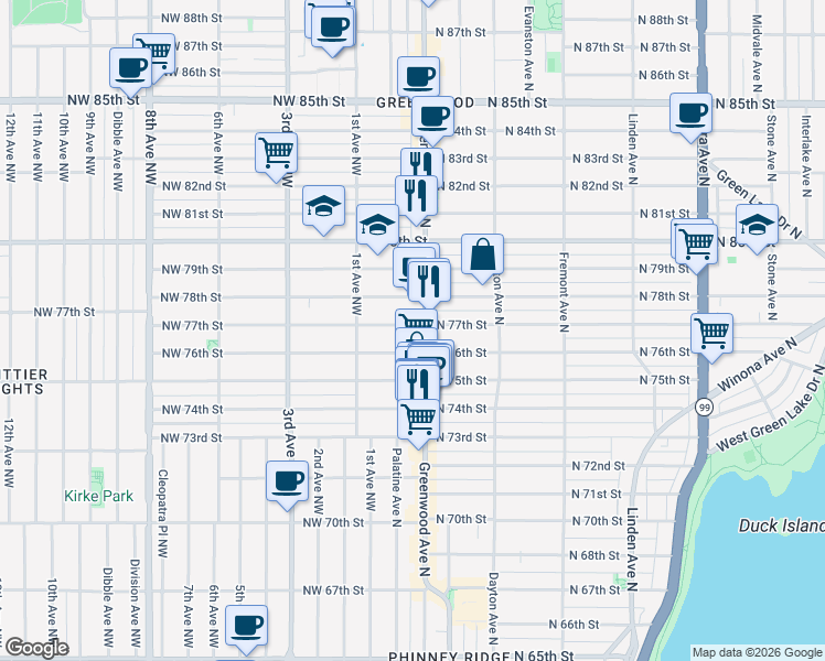 map of restaurants, bars, coffee shops, grocery stores, and more near 136 North 77th Street in Seattle