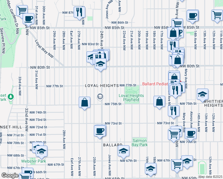 map of restaurants, bars, coffee shops, grocery stores, and more near 7559 Jones Avenue Northwest in Seattle