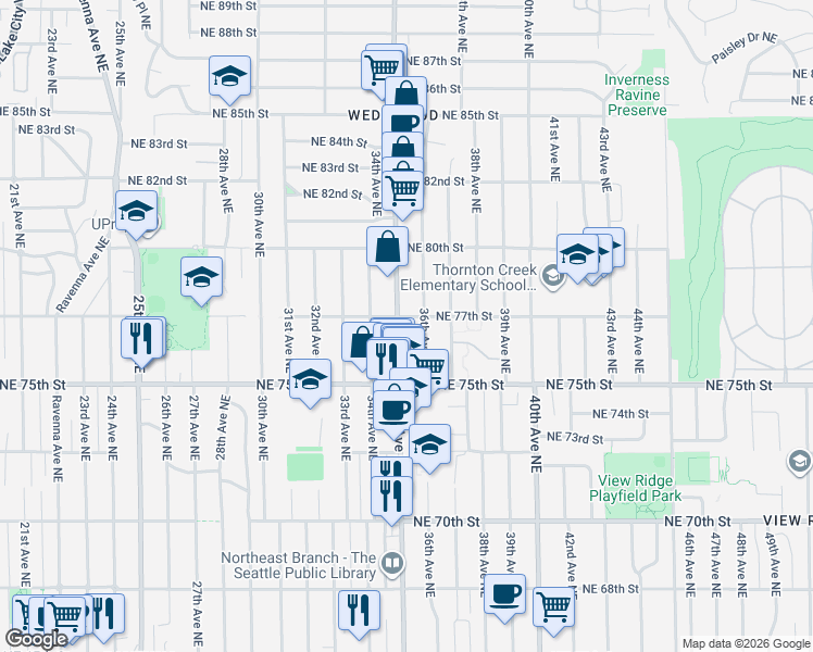 map of restaurants, bars, coffee shops, grocery stores, and more near 7702 35th Avenue Northeast in Seattle
