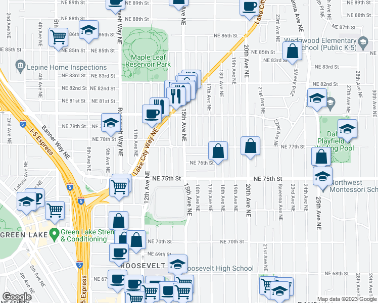 map of restaurants, bars, coffee shops, grocery stores, and more near 7620 15th Avenue Northeast in Seattle