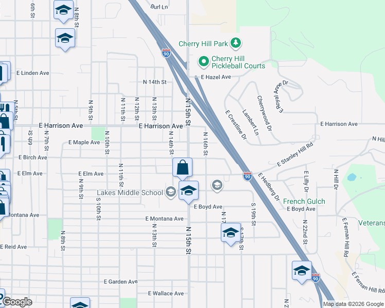 map of restaurants, bars, coffee shops, grocery stores, and more near 1116 North 15th Street in Coeur d'Alene