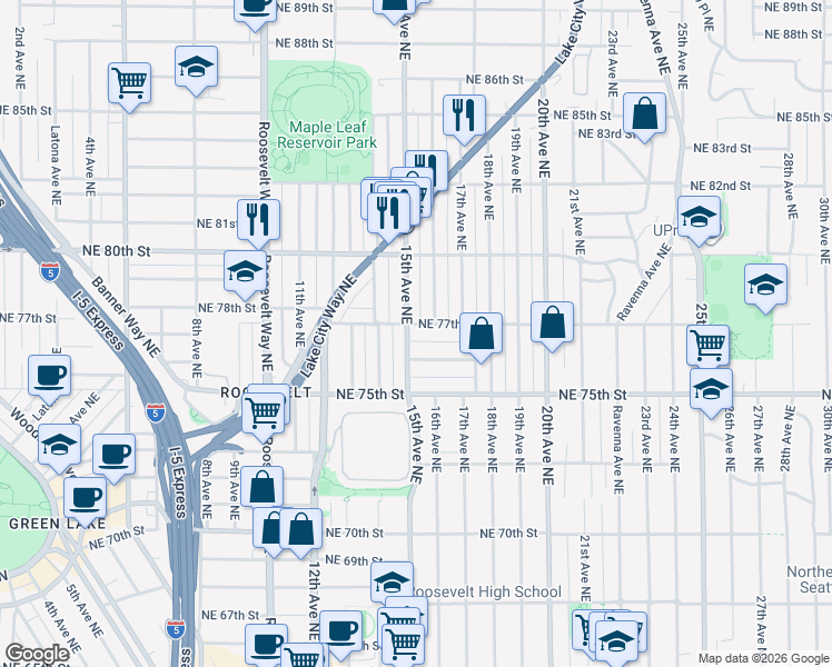 map of restaurants, bars, coffee shops, grocery stores, and more near 1516 Northeast 77th Street in Seattle
