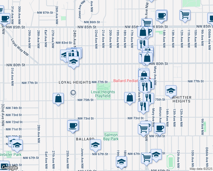 map of restaurants, bars, coffee shops, grocery stores, and more near 2101 Northwest 77th Street in Seattle