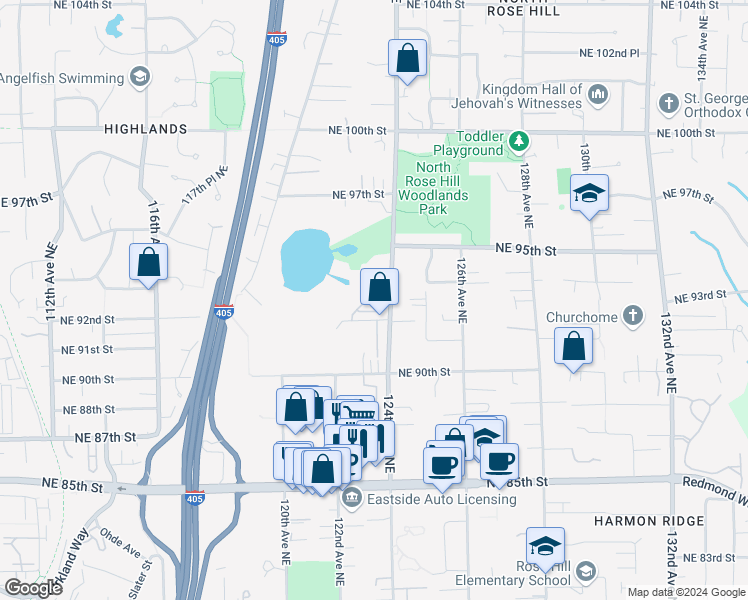 map of restaurants, bars, coffee shops, grocery stores, and more near 9217 122nd Court Northeast in Kirkland