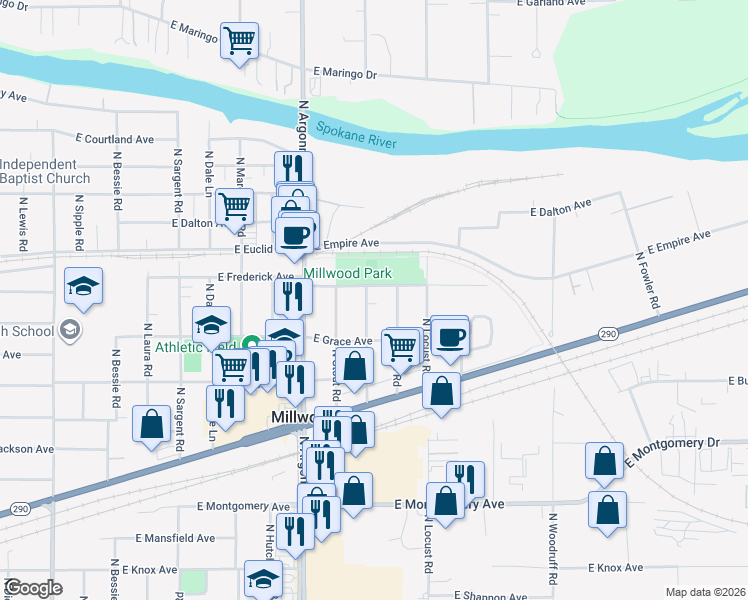 map of restaurants, bars, coffee shops, grocery stores, and more near 3016 North Willow Road in Spokane