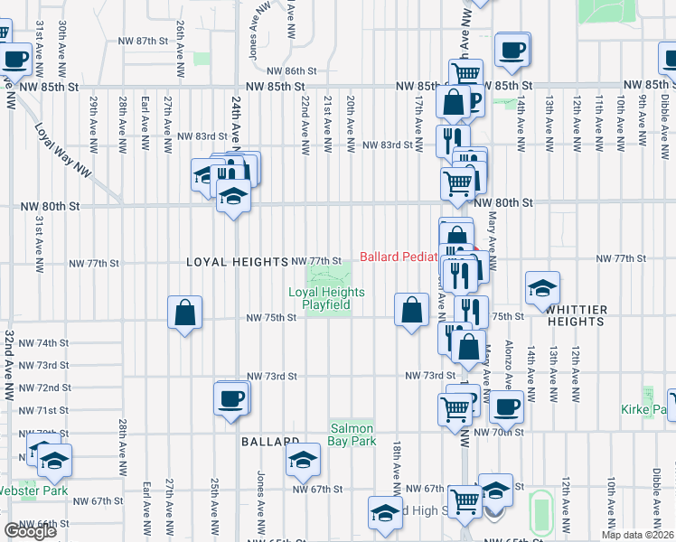 map of restaurants, bars, coffee shops, grocery stores, and more near 2101 Northwest 77th Street in Seattle