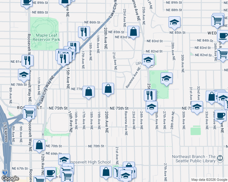 map of restaurants, bars, coffee shops, grocery stores, and more near 7555 21st Avenue Northeast in Seattle