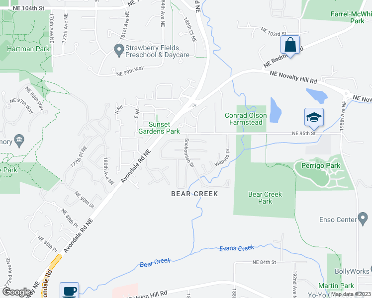 map of restaurants, bars, coffee shops, grocery stores, and more near 18425 Northeast 95th Street in Redmond