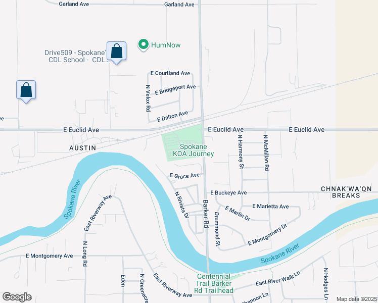 map of restaurants, bars, coffee shops, grocery stores, and more near 3025 North Barker Road in Spokane Valley