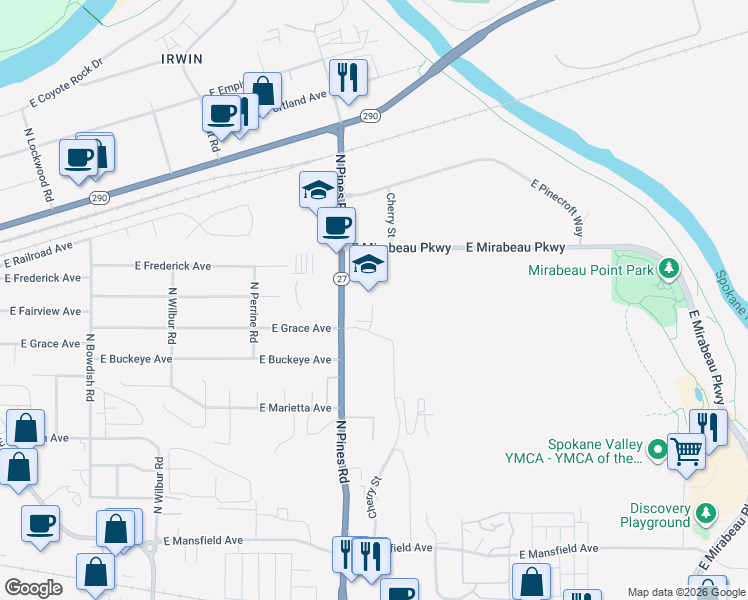map of restaurants, bars, coffee shops, grocery stores, and more near 12325 East Grace Avenue in Spokane Valley