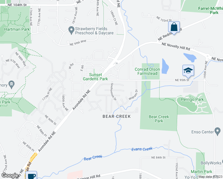 map of restaurants, bars, coffee shops, grocery stores, and more near 18425 Northeast 95th Street in Redmond
