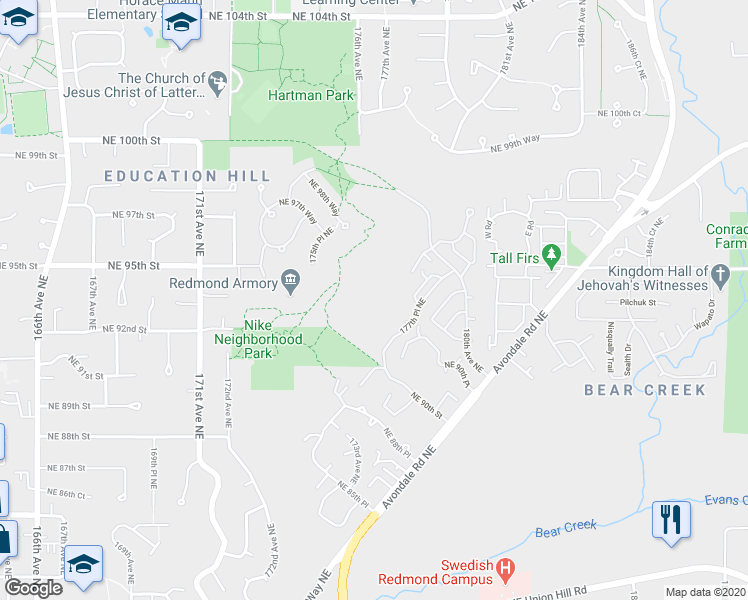 map of restaurants, bars, coffee shops, grocery stores, and more near 9301 176th Place Northeast in Redmond