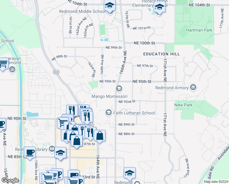 map of restaurants, bars, coffee shops, grocery stores, and more near 9467 166th Avenue Northeast in Redmond