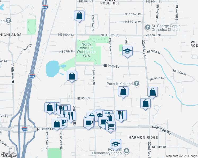 map of restaurants, bars, coffee shops, grocery stores, and more near 12621 Northeast 94th Way in Kirkland