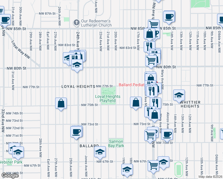 map of restaurants, bars, coffee shops, grocery stores, and more near 2102 Northwest 77th Street in Seattle
