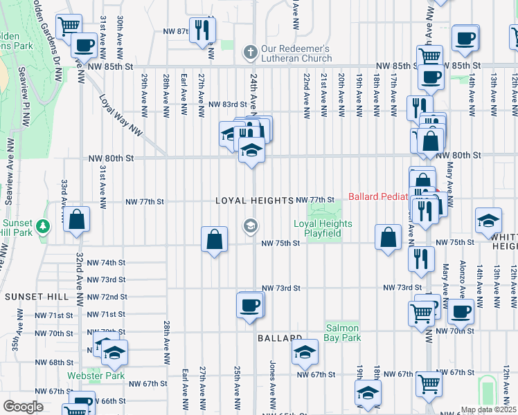 map of restaurants, bars, coffee shops, grocery stores, and more near 7701 24th Avenue Northwest in Seattle