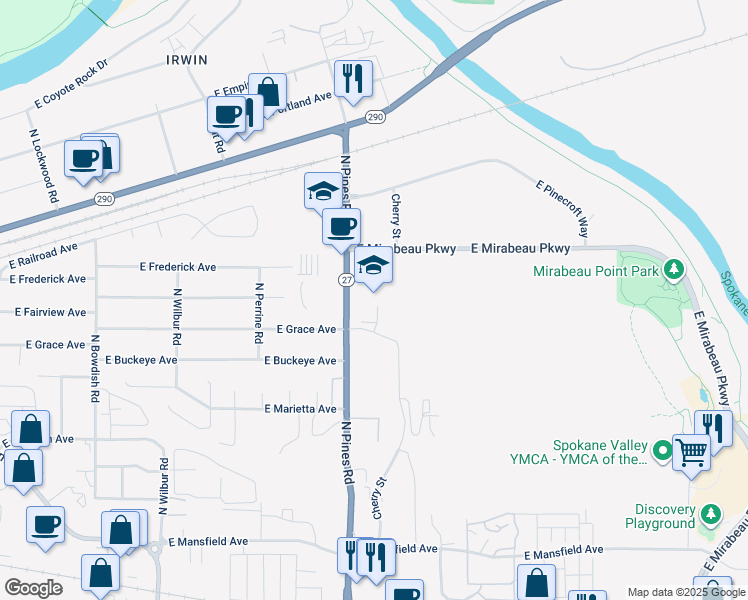 map of restaurants, bars, coffee shops, grocery stores, and more near 12325 East Grace Avenue in Spokane Valley