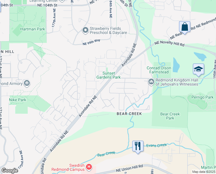 map of restaurants, bars, coffee shops, grocery stores, and more near 18425 Northeast 95th Street in Redmond