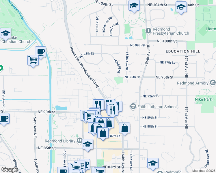 map of restaurants, bars, coffee shops, grocery stores, and more near 9302 Woodinville - Redmond Road Northeast in Redmond