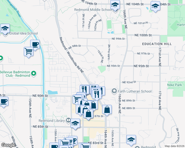 map of restaurants, bars, coffee shops, grocery stores, and more near 9300 Woodinville - Redmond Road Northeast in Redmond