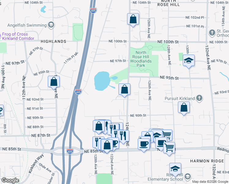 map of restaurants, bars, coffee shops, grocery stores, and more near 9229 122nd Court Northeast in Kirkland