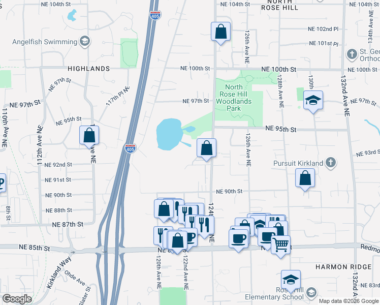map of restaurants, bars, coffee shops, grocery stores, and more near 9229 122nd Court Northeast in Kirkland