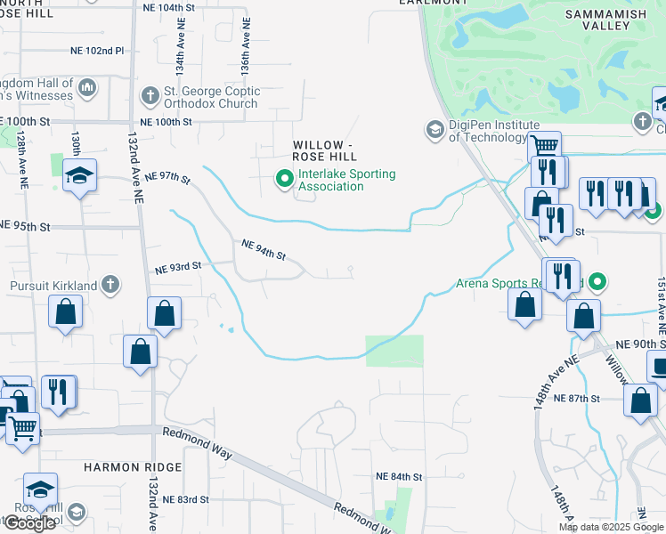 map of restaurants, bars, coffee shops, grocery stores, and more near 9306 138th Court Northeast in Redmond