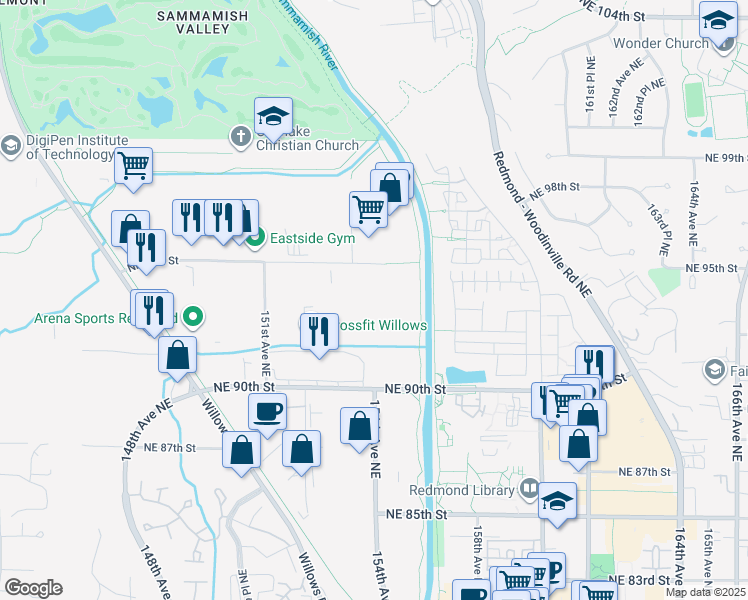 map of restaurants, bars, coffee shops, grocery stores, and more near 15335 Northeast 95th Street in Redmond