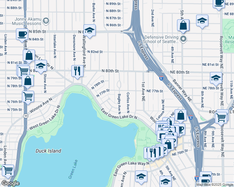map of restaurants, bars, coffee shops, grocery stores, and more near 2115 North 77th Street in Seattle