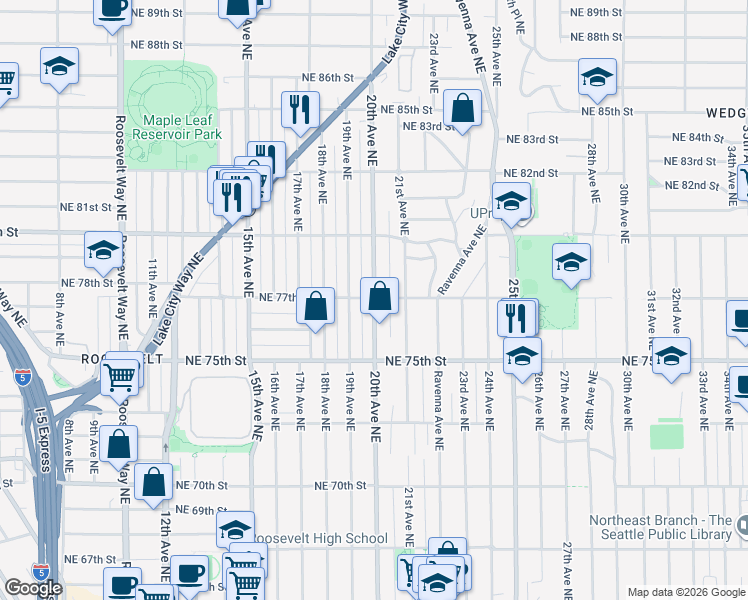 map of restaurants, bars, coffee shops, grocery stores, and more near 7701 20th Avenue Northeast in Seattle
