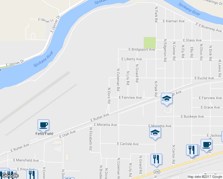 map of restaurants, bars, coffee shops, grocery stores, and more near 3020 North Dora Road in Spokane Valley