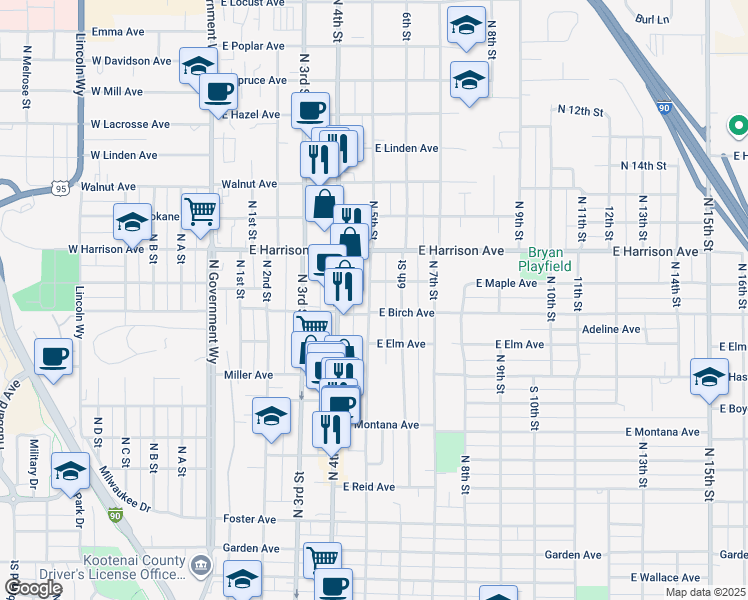 map of restaurants, bars, coffee shops, grocery stores, and more near 1306 East Garden Avenue in Coeur d'Alene