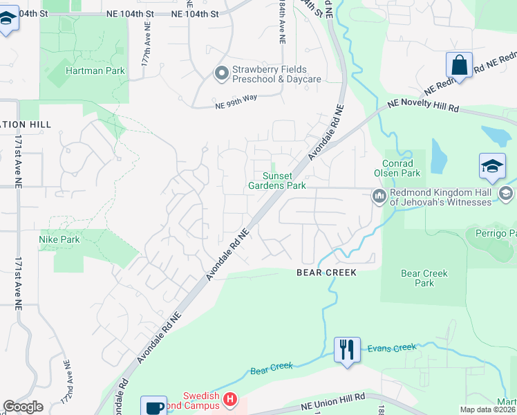 map of restaurants, bars, coffee shops, grocery stores, and more near 9431 Avondale Road Northeast in Redmond