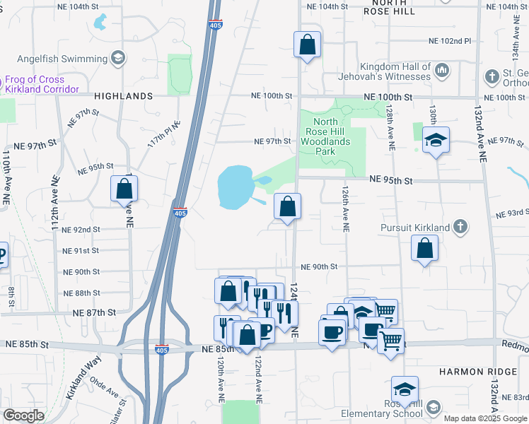 map of restaurants, bars, coffee shops, grocery stores, and more near 9243 124th Avenue Northeast in Kirkland