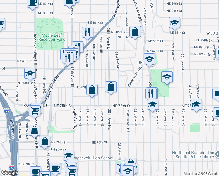 map of restaurants, bars, coffee shops, grocery stores, and more near 7701 20th Avenue Northeast in Seattle