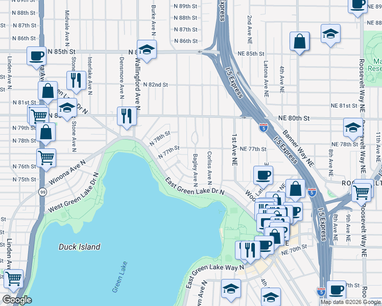 map of restaurants, bars, coffee shops, grocery stores, and more near 2115 North 77th Street in Seattle