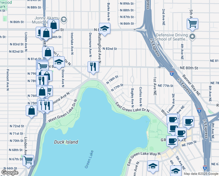 map of restaurants, bars, coffee shops, grocery stores, and more near 7728 East Green Lake Drive North in Seattle