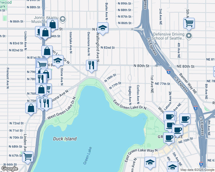 map of restaurants, bars, coffee shops, grocery stores, and more near 7700 East Green Lake Drive North in Seattle