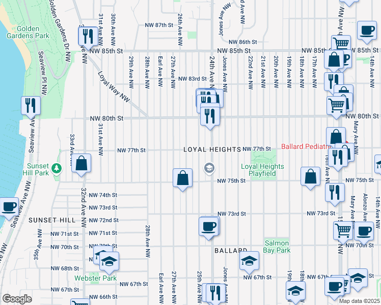 map of restaurants, bars, coffee shops, grocery stores, and more near 7560 26th Avenue Northwest in Seattle
