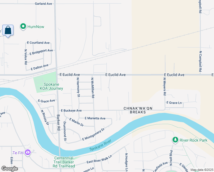 map of restaurants, bars, coffee shops, grocery stores, and more near 19220 East Euclid Avenue in Spokane Valley