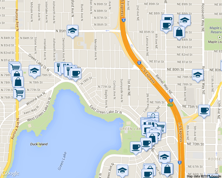map of restaurants, bars, coffee shops, grocery stores, and more near 2215 N 77th St in Seattle