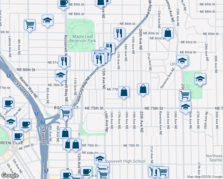 map of restaurants, bars, coffee shops, grocery stores, and more near Northeast 77th Street & 16th Avenue Northeast in Seattle