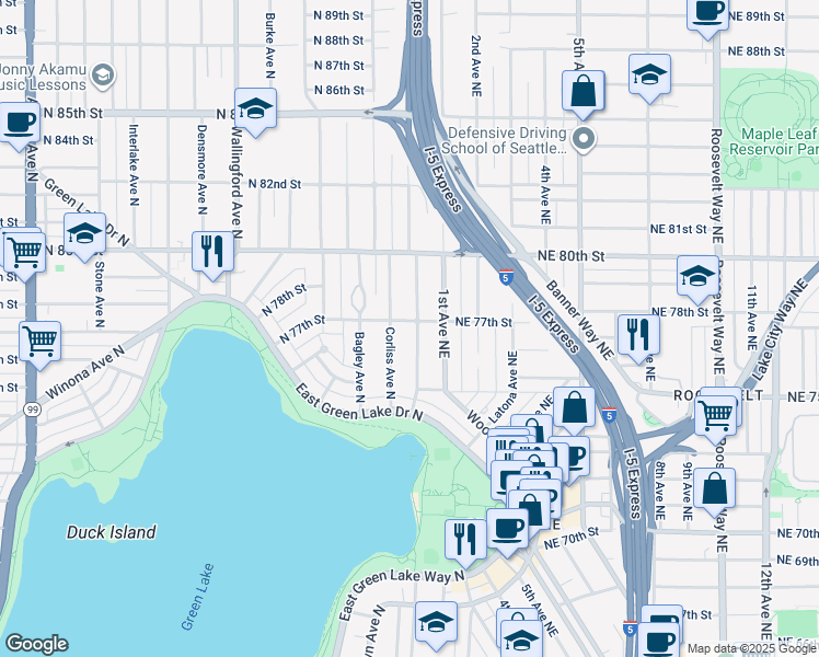 map of restaurants, bars, coffee shops, grocery stores, and more near 7557 Sunnyside Avenue North in Seattle