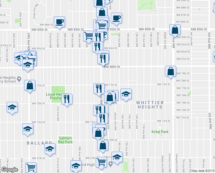 map of restaurants, bars, coffee shops, grocery stores, and more near 1475 Northwest 77th Street in Seattle