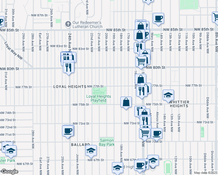 map of restaurants, bars, coffee shops, grocery stores, and more near 1919 Northwest 77th Street in Seattle
