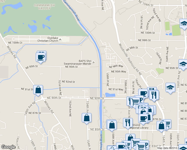 map of restaurants, bars, coffee shops, grocery stores, and more near 15411 Northeast 95th Street in Redmond