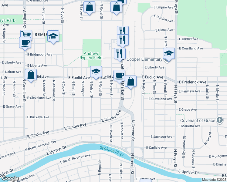 map of restaurants, bars, coffee shops, grocery stores, and more near 3012 East Fairview Avenue in Spokane