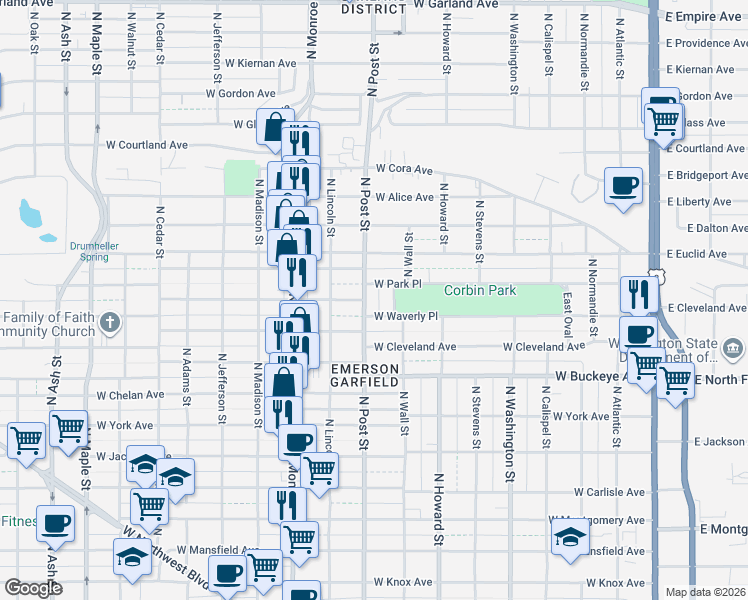 map of restaurants, bars, coffee shops, grocery stores, and more near 2921 Corbin Park in Spokane