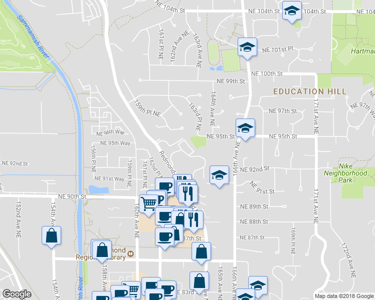 map of restaurants, bars, coffee shops, grocery stores, and more near 16317 Northeast 95th Street in Redmond
